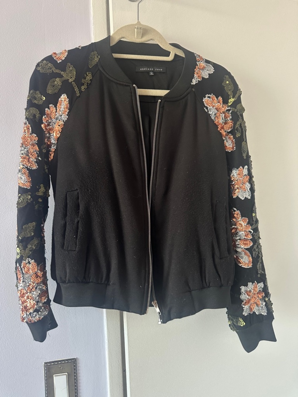 Endless Rose Black Bomber Jacket with Sequin Floral Sleeves